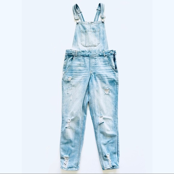 Sans Souci Pants - Sans Souci light washed distressed denim overalls
